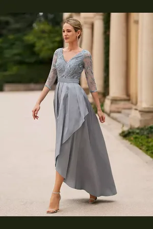 milanoo.com Abito da sposa per la madre con scollo a V e maniche a 3/4 abiti da sposa a trapezio in pizzo alla caviglia