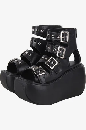 milanoo.com Sandali Steampunk Lolita Occhielli neri Scarpe estive Lolita in pelle PU metallizzata