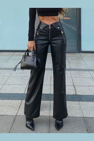 milanoo.com Pantaloni in pelle PU Pantaloni dritti a vita alta da donna