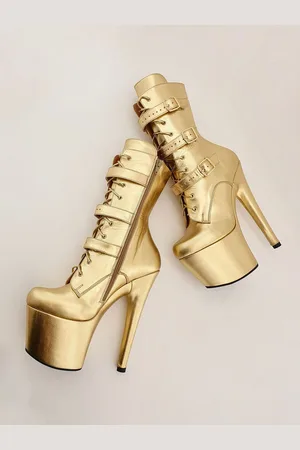 milanoo.com Stivali sexy dorati Piattaforma con punta tonda metallizzata Stivali stringati con fibbia con cerniera Taglie forti Scarpe da ballo con palo Tacchi spogliarellista dorati