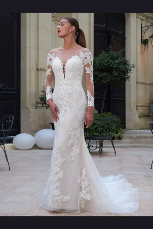 milanoo.com Abito da sposa pavimento-lunghezza maniche lunghe in pizzo scollatura illusione abiti da sposa