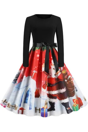 milanoo.com Vestiti Anni 50 donna Abiti abiti anni 50 con motivo natalizio Cocktail Abito di poliestere maniche lunghe con scollo tondo