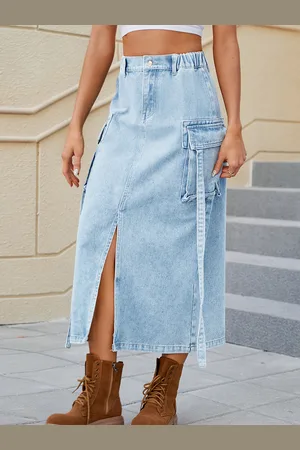 milanoo.com Gonne in denim blu con vita naturale design elegante con spacchi pantaloni primaverili di media lunghezza per le donne 2025