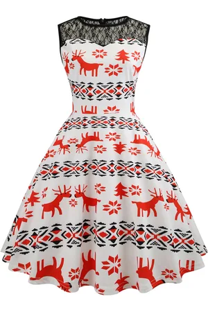 milanoo.com Abito vintage in pizzo con stampa renne e abito longuette