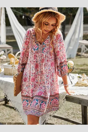 milanoo.com Abito Boho Abito estivo stampato a maniche lunghe con scollo a V