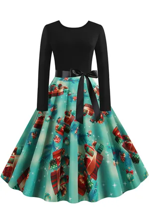 milanoo.com Vestiti Anni 50 con motivo natalizio Abiti donna maniche lunghe abiti anni 50 con scollo tondo di poliestere Autunno di retro