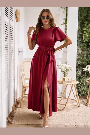 milanoo.com Abito a trapezio maniche corte girocollo con cintura abiti lunghi casual a fessura alta