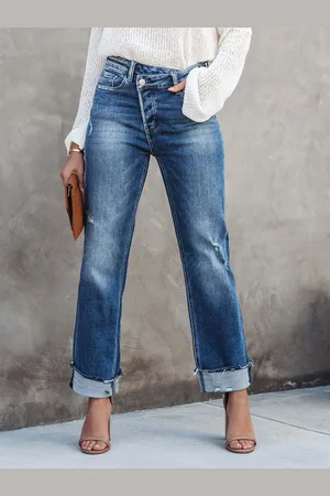 milanoo.com Pantaloni in denim corto con bottoni Jeans dritti in tinta unita per donna