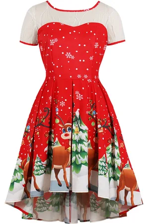milanoo.com Abito vintage natalizio. Vestito da altalena basso a maniche corte con illusione di renna rossa