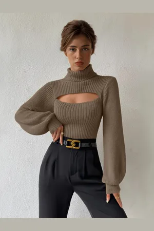 milanoo.com Pullover sexy per donna maglione a coste colletto alto polsini ritagliati