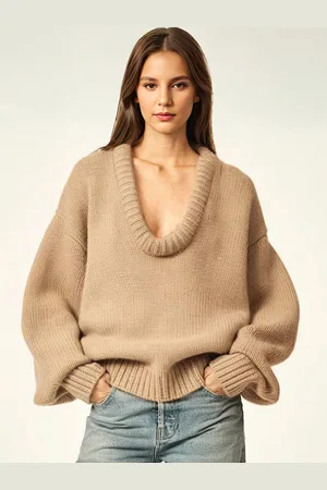 milanoo.com Maglione a coste con scollo a barchetta profondo spalle scese maniche lunghe top oversize primaverili 2025