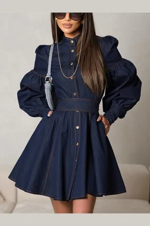 milanoo.com Vestito skater in denim con maniche a sbuffo e bottoni mini abito a trapezio per donna 2025