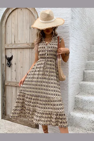 milanoo.com Abito estivo Abito midi casual con scollo a V stampato senza maniche con bottoni