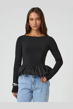 milanoo.com Top corto arricciato a maniche lunghe primavera casual t-shirt per le donne 2025