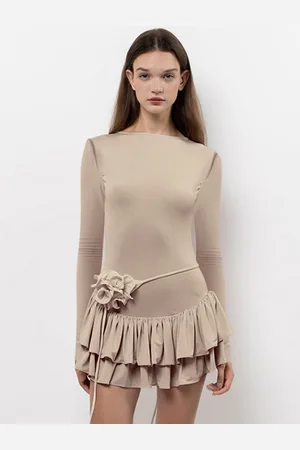 milanoo.com Abito aderente con volant e maniche lunghe con scollo gioiello mini abito per donna 2025