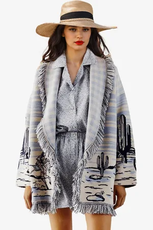milanoo.com Cardigan jacquard Maglione Boho ispirato alla natura con nappe e cintura