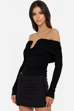 milanoo.com Maglietta primaverile arricciata con scollo a V e spalle scoperte manica lunga nera per donna 2025