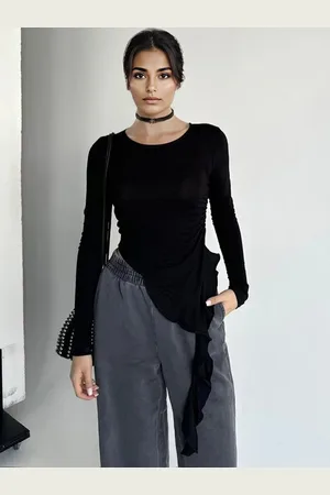 milanoo.com Top corto con volant asimmetrico e orlo arricciato t-shirt a maniche lunghe per donna 2025