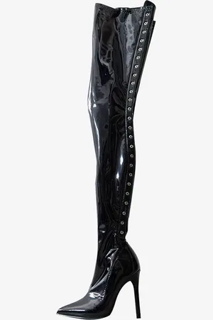milanoo.com Stivali neri sexy con punta affilata allacciati con tacco alto e stivali alti fino alla coscia