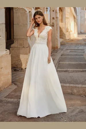 milanoo.com Abito da sposa boho in pizzo abito da ballo in pizzo lunghezza al pavimento vita naturale senza schienale senza maniche scollo a V