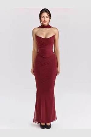 milanoo.com Completo due pezzi con sciarpa al collo corsetto senza spalline e gonna lunga in rete vestito per festa di compleanno per donna 2025