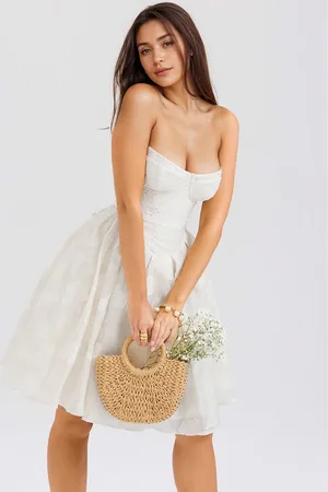 milanoo.com Abito senza spalline con scollo a cuore in jacquard floreale plissettato a trapezio per feste abito midi 2025