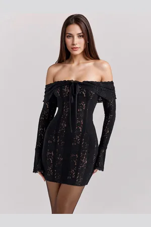 milanoo.com Abito in pizzo floreale con spalle scoperte e maniche a campana mini abito attillato sexy per le donne 2025