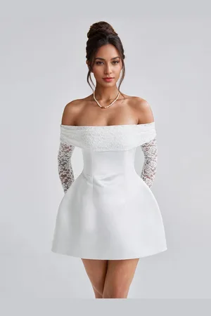 milanoo.com Mini abito a spalle scoperte con pizzo manica lunga abito da festa di compleanno a trapezio per donna 2025