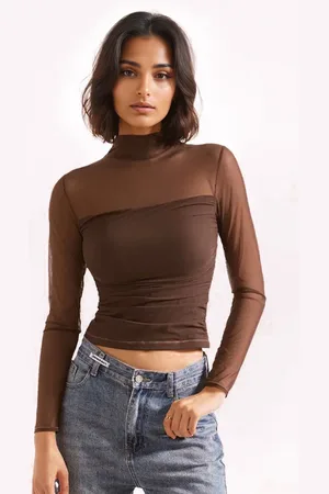 milanoo.com Maglia a collo alto a rete manica lunga primaverile per donna 2025