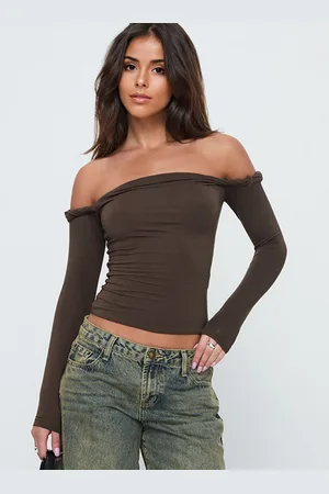 milanoo.com Maglietta a maniche lunghe con spalle scoperte e base primaverile per donna 2025