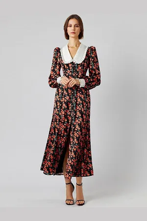 milanoo.com Abito lungo vintage con colletto alla Peter Pan e maniche a palloncino per donna 2025