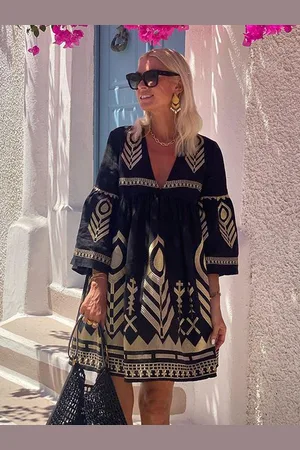 milanoo.com Abito midi da festa con stampa boho scollo a V e maniche a campana per le donne 2025