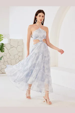 milanoo.com Abito lungo floreale blu con vita svasata scollo all\\