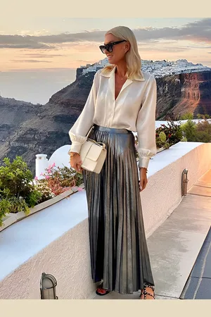 milanoo.com Completo da due pezzi con camicetta a maniche a lanterna e gonna lunga plissettata outfit da vacanza per donna 2025