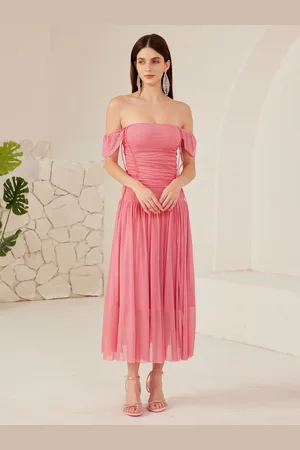 milanoo.com Abito estivo a tubino in rosso lampone abito midi plissettato con spalle scoperte per donna 2025