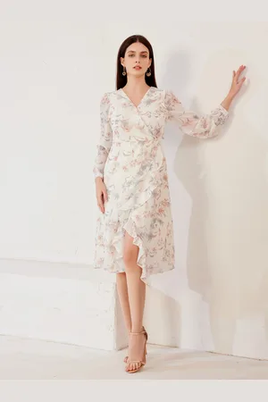 milanoo.com Elegante abito floreale con scollo a V e maniche lunghe abito midi per donna 2025