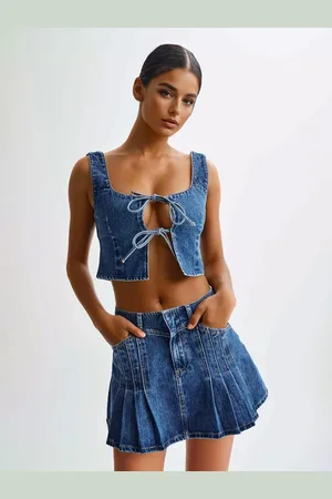 milanoo.com Denim 2 pezzi set anteriore cravatta top corto e mini gonna vestito estivo per le donne 2025