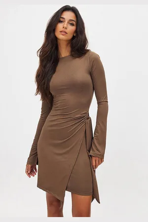 milanoo.com Mini abito asimmetrico a maniche lunghe con arricciature abito aderente per donna 2025
