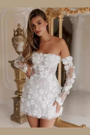 milanoo.com Mini abito da sposa corto abito da sposa senza spalline maniche a 3/4 lunghezza corto fiore pizzo abiti da sposa
