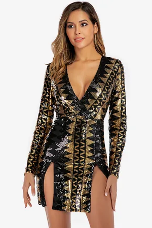 milanoo.com Mini abito con paillettes e motivo geometrico scollo a V profondo manica lunga sexy con spacco per donna 2025