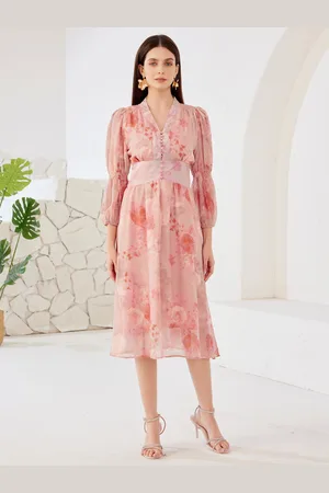 milanoo.com Abito floreale con scollo a V maniche a lanterna linea A elegante abito midi estivo per donna 2025