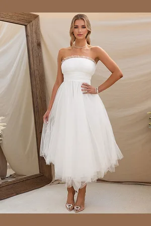 milanoo.com Abiti in tulle Abito midi da ballo a strati senza spalline pieghettato con spalle scoperte