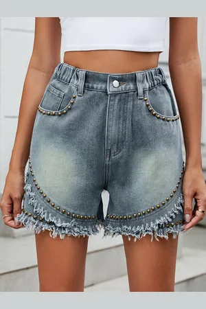 milanoo.com Pantaloncini in denim con orlo grezzo e dettaglio borchiato pantaloncini casual per donna 2025