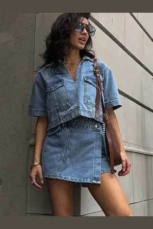 milanoo.com Completo due pezzi in denim con top corto e pantaloncini completo estivo per donna 2025