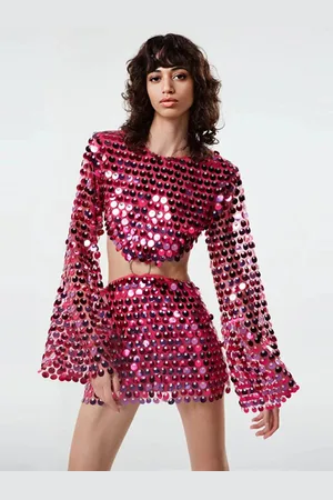 milanoo.com Mini abito con paillettes manica a campana anello a O vita con ritaglio abito da festa per donna 2025