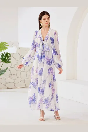 milanoo.com Abito stampato floreale con scollo a V manica lunga a trapezio abito lungo da spiaggia per donna 2025