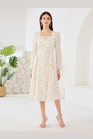 milanoo.com Abito floreale con scollo quadrato e maniche lunghe abito estivo midi a trapezio per donna 2025