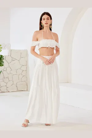 milanoo.com Set da due pezzi Boho con top corto a spalle scoperte e gonna lunga a strati outfit estivo da spiaggia 2025