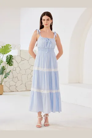 milanoo.com Abito lungo estivo a trapezio con balza in pizzo blu per donna 2025
