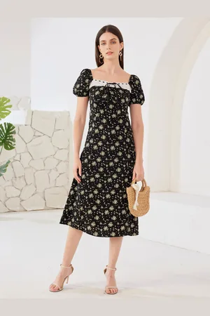 milanoo.com Abito floreale con colletto quadrato e maniche a sbuffo abito estivo midi a trapezio per donna 2025